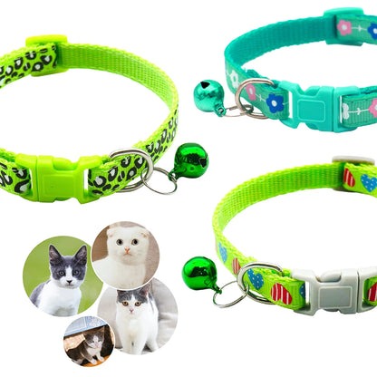 Adjustable 3-Piece Nylon Cat Collar Set with Bell for Kittens and Puppies - Green