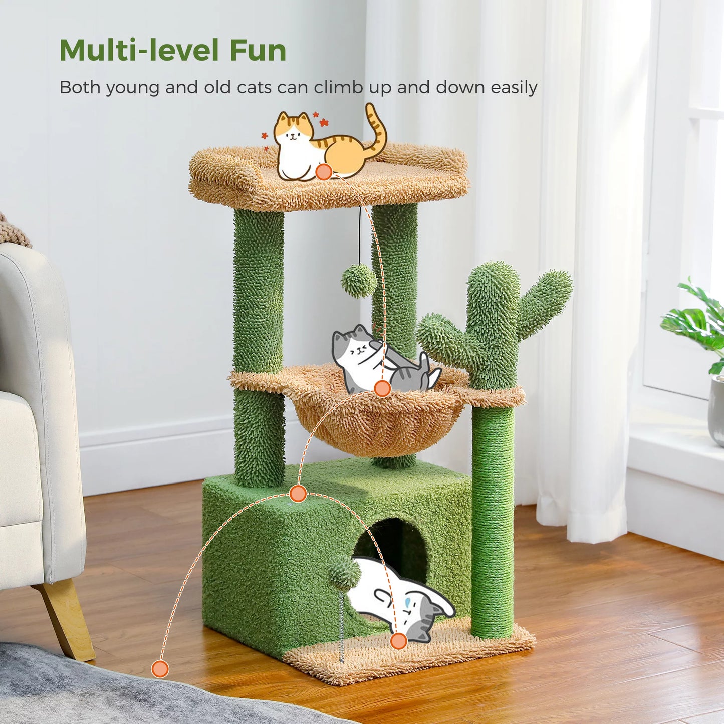 33" Cactus-Inspired Cat Tree with Scratching Posts, Spacious Top Perch, and Hammock for Medium Indoor Cats - Green