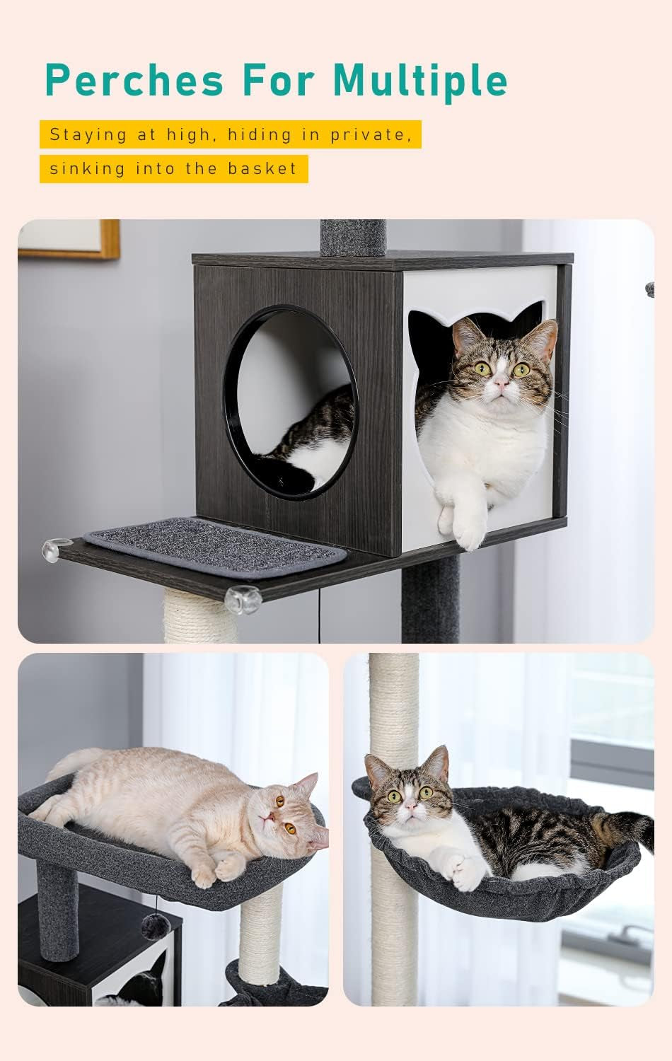56.7-Inch Cat Tree with Litter Box Enclosure, Large Wooden Cat Tower for Indoor Use Featuring Storage Cabinet, Cozy Condo, Sisal-Covered Scratching Post, and Replaceable Dangling Balls in Black