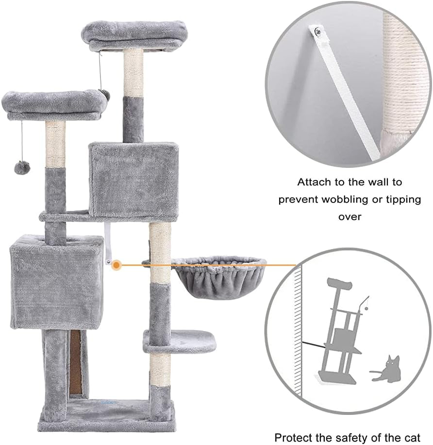 58-Inch Multi-Level Cat Tree with Sisal Scratching Posts, Two Plush Condos, and Hammock for Cats and Kittens - Light Gray MPJ013W