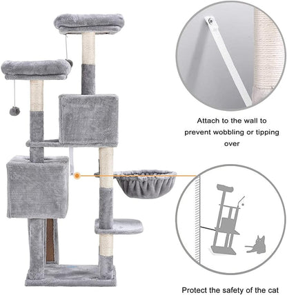 58-Inch Multi-Level Cat Tree with Sisal Scratching Posts, Two Plush Condos, and Hammock for Cats and Kittens - Light Gray MPJ013W