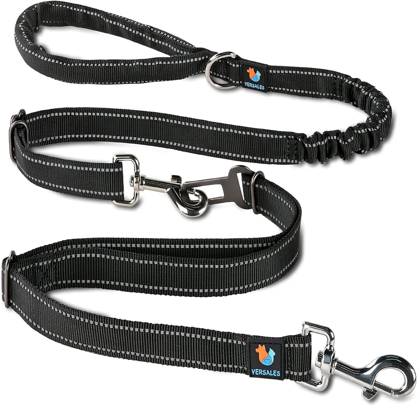 Heavy-Duty 6 FT Reflective Bungee Dog Leash for Large, Medium, and Small Dogs with Nylon Seatbelt Set (Black)