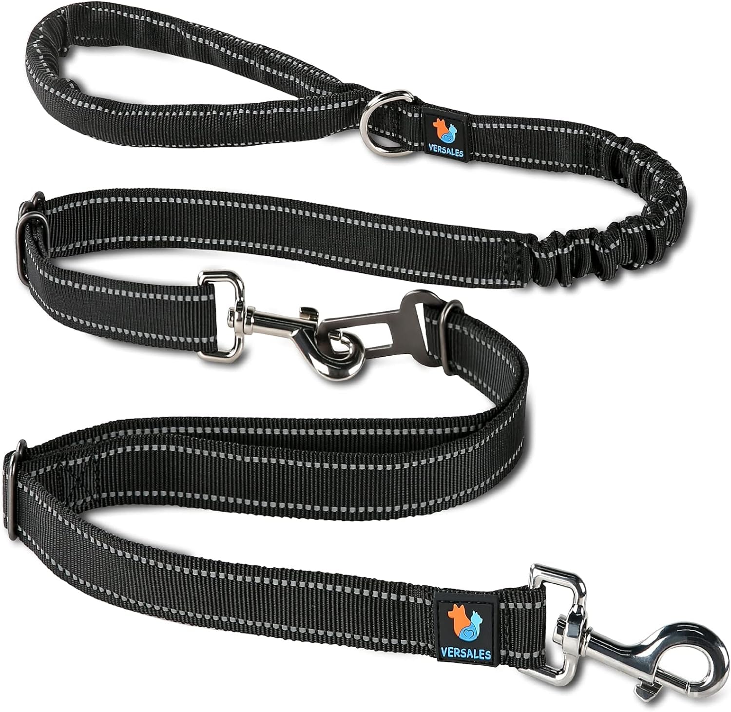 Heavy-Duty 6 FT Reflective Bungee Dog Leash for Large, Medium, and Small Dogs with Nylon Seatbelt Set (Black)