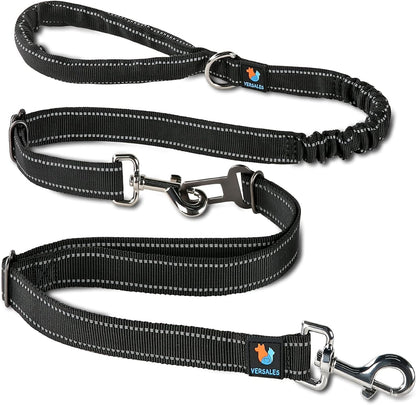Heavy-Duty 6 FT Reflective Bungee Dog Leash for Large, Medium, and Small Dogs with Nylon Seatbelt Set (Black)