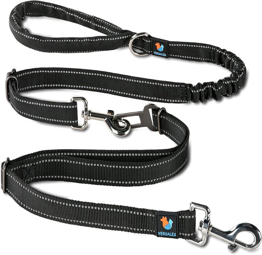 Heavy-Duty 6 FT Reflective Bungee Dog Leash for Large, Medium, and Small Dogs with Nylon Seatbelt Set (Black)