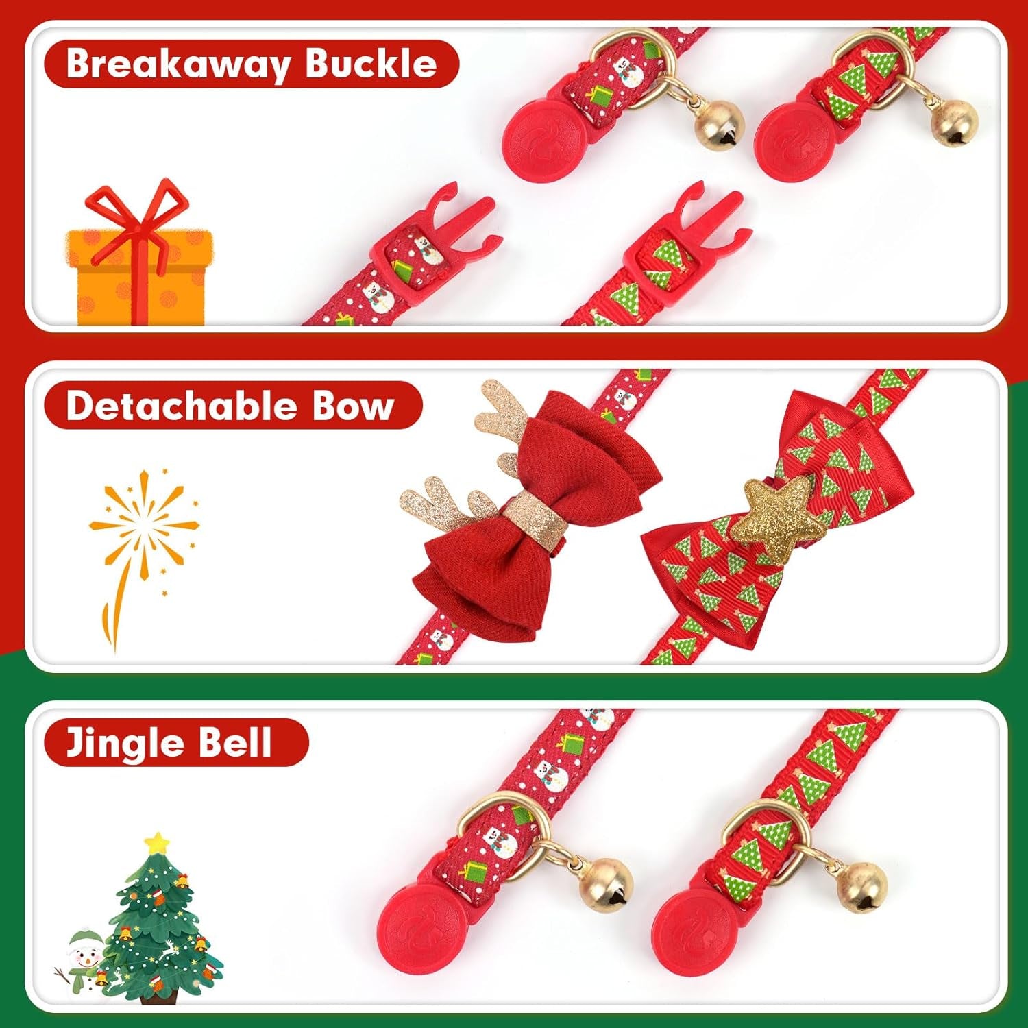 Christmas Cat Collar Set with Bells and Bowtie - Adjustable Breakaway Design Featuring Christmas Tree and Santa Claus Patterns (Fits 8"-12")