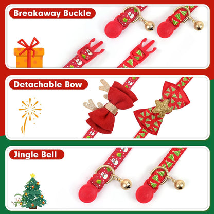Christmas Cat Collar Set with Bells and Bowtie - Adjustable Breakaway Design Featuring Christmas Tree and Santa Claus Patterns (Fits 8"-12")