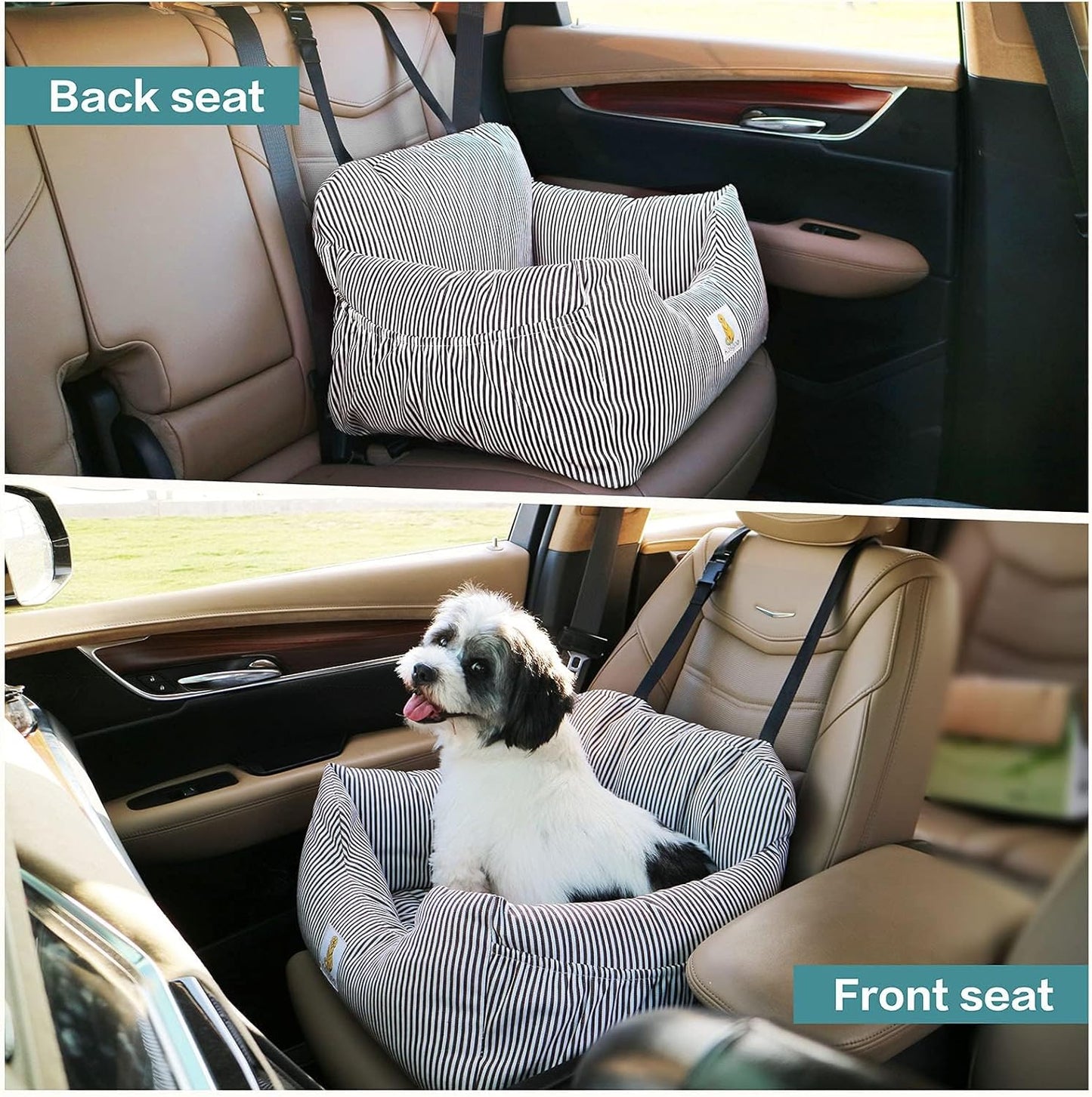 Premium Dog Car Seat for Small Breeds - Detachable and Washable Booster Seat with Storage Pockets and Safety Leash, Non-Slip Base for Car and Home Use (Black)