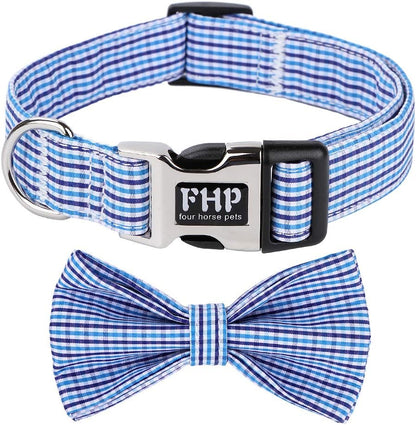 Cute Soft Dog and Cat Collar with Bowtie, Detachable Adjustable Bow Tie Collar Pet Gift (L, Blue Grid)
