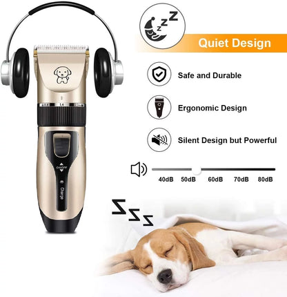 Professional Rechargeable Dog Grooming Clippers - Cordless Low Noise Pet Hair Trimmer Kit with Comb and Scissors for Dogs, Cats, and Other Pets