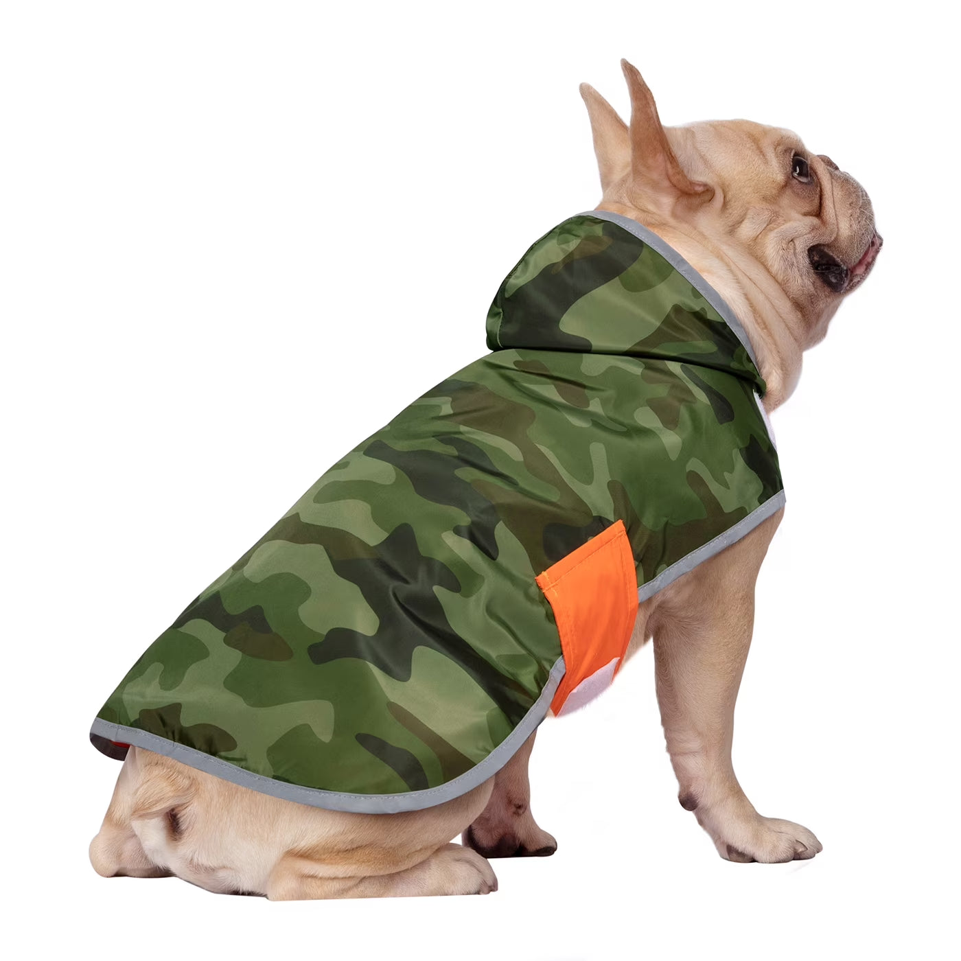 Reversible Hooded Dog Raincoat Poncho Jacket for Small to Large Dogs - Camo/Orange, Medium Size