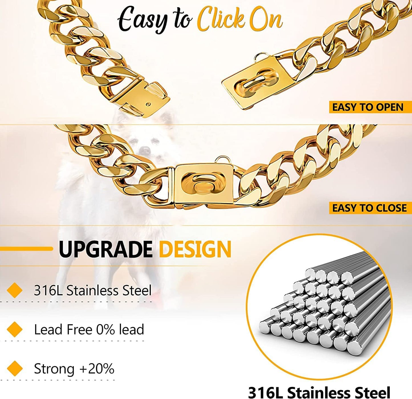 Gold Stainless Steel Cuban Link Dog Collar - 19mm Heavy Duty Chew-Proof Necklace with Buckle for Medium to Large Dogs (16 Inch)
