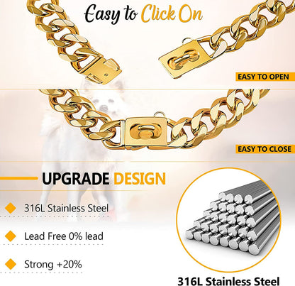 Gold Stainless Steel Cuban Link Dog Collar - 19mm Heavy Duty Chew-Proof Necklace with Buckle for Medium to Large Dogs (16 Inch)