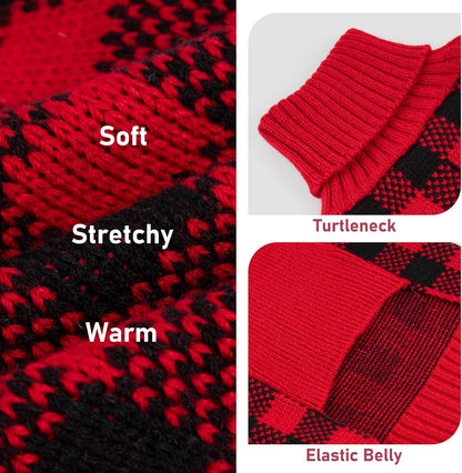 Cozy Red Buffalo Plaid Dog Christmas Sweater with Reindeer Pattern - Turtleneck Knitwear for Small Dogs with Leash Hole