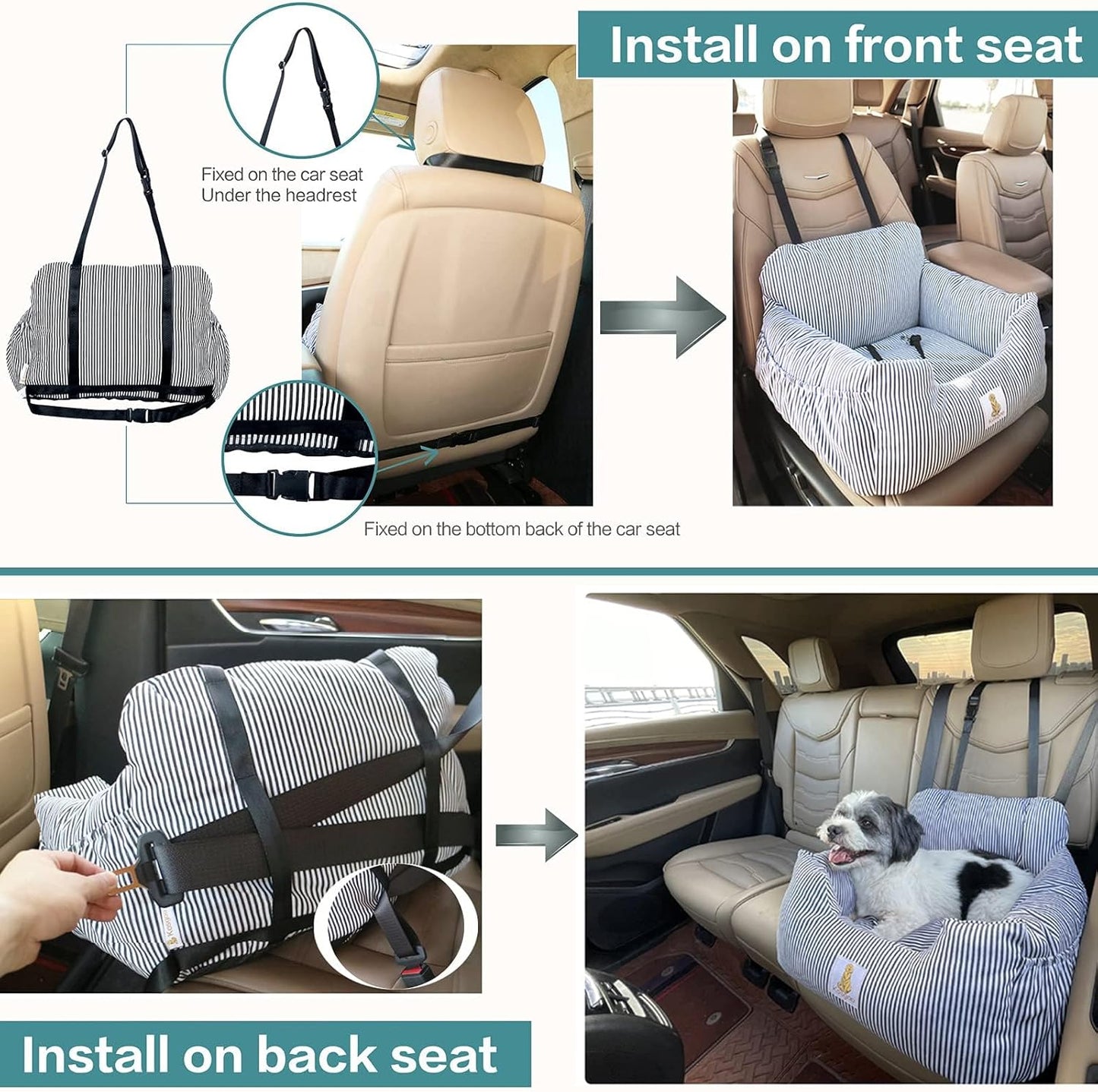 Premium Dog Car Seat for Small Breeds - Detachable and Washable Booster Seat with Storage Pockets and Safety Leash, Non-Slip Base for Car and Home Use (Black)