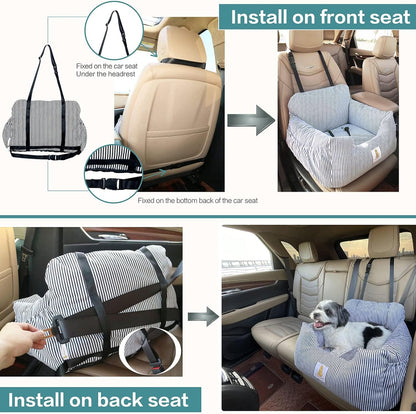 Premium Dog Car Seat for Small Breeds - Detachable and Washable Booster Seat with Storage Pockets and Safety Leash, Non-Slip Base for Car and Home Use (Black)