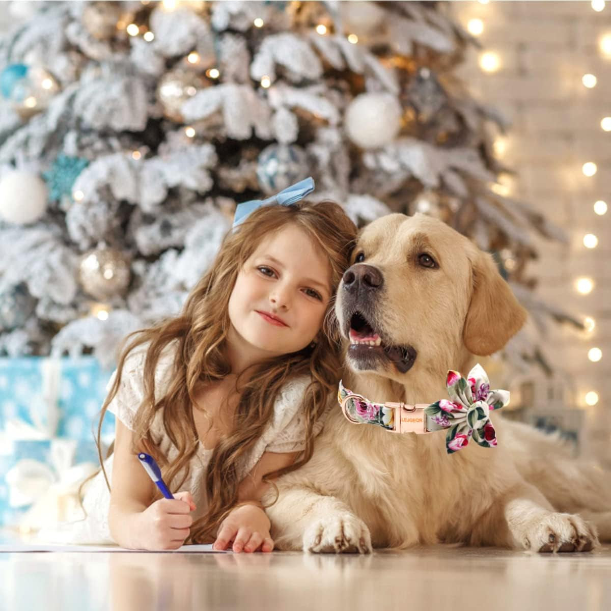 Floral Cotton Dog Collar for Female Dogs - Adjustable Quick Release Buckle, Stylish Fall Design for Small, Medium, and Large Breeds