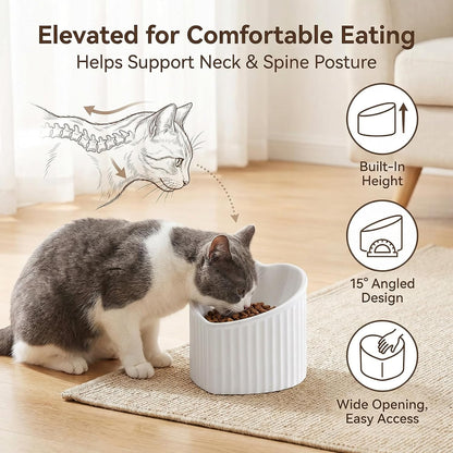 Green Ceramic Raised Cat Bowls, Tilted Elevated Food or Water Bowls, Stress Free, Backflow Prevention, Dishwasher and Microwave Safe, Lead & Cadmium Free