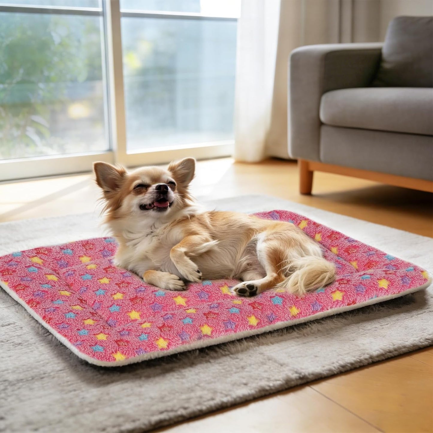 Ultra Soft Reversible Dog Bed Crate Pad with Star Print - Washable Pet Mat for Dogs and Cats, 29 x 21 Inch, Pink