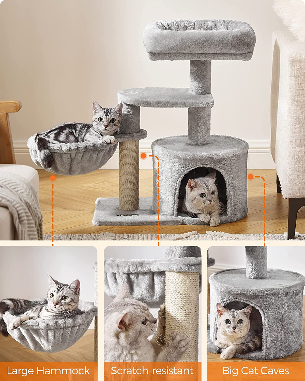 Light Gray Cat Tree and Activity Center with Scratching Post, Basket, and Cave for Small Cats and Kittens - Model UPCT59W