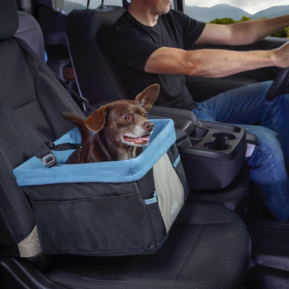 Dog Booster Seat for Secure and Comfortable Travel - Waterproof Exterior, Removable Washable Liner, Harness Strap, Collapsible Design - Rover Style in Black/Blue