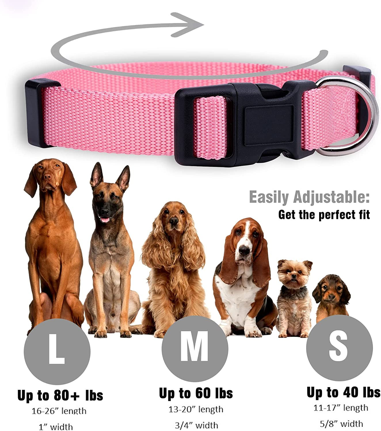 Adjustable Nylon Dog Collar for Small, Medium, and Large Pets - Available in Cute Colors for All Genders (Small, Pink)