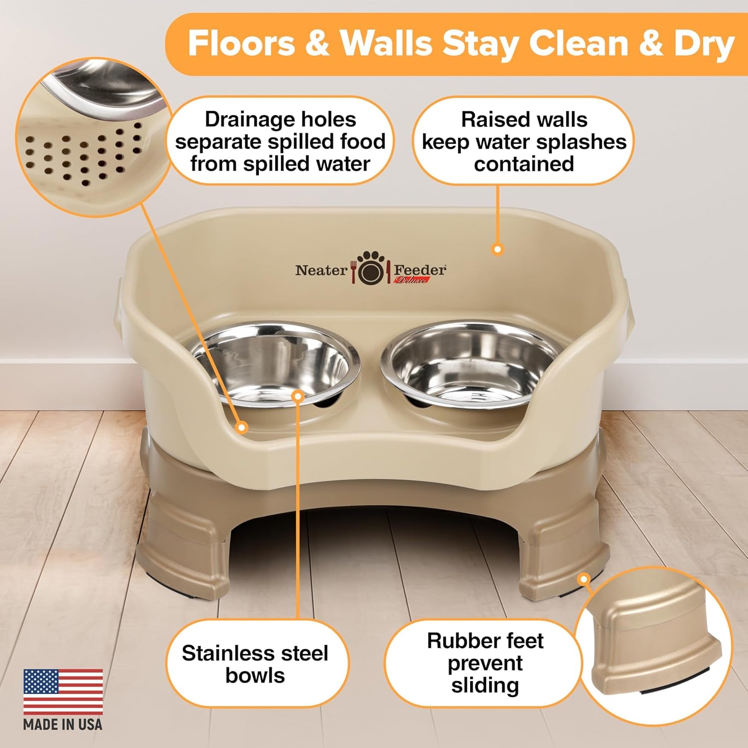 Neater Feeder Deluxe Mess-Proof Elevated Dog Bowls for Small Dogs (Up to 19 Lbs), 2 Height Adjustable (6” & 7.5”) No-Spill Raised Dog Bowl Stand, Stainless Steel Food Bowl Set, Made in USA, Cappuccino