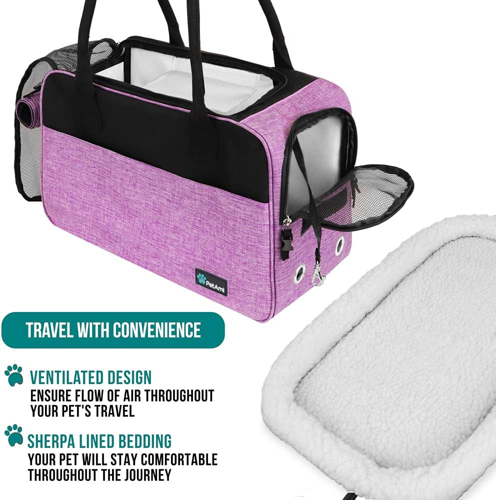 Premium Airline-Approved Soft-Sided Dog Purse Carrier for Small Pets up to 12 lbs - Ventilated Design with Pockets and Sherpa Bed, Purple