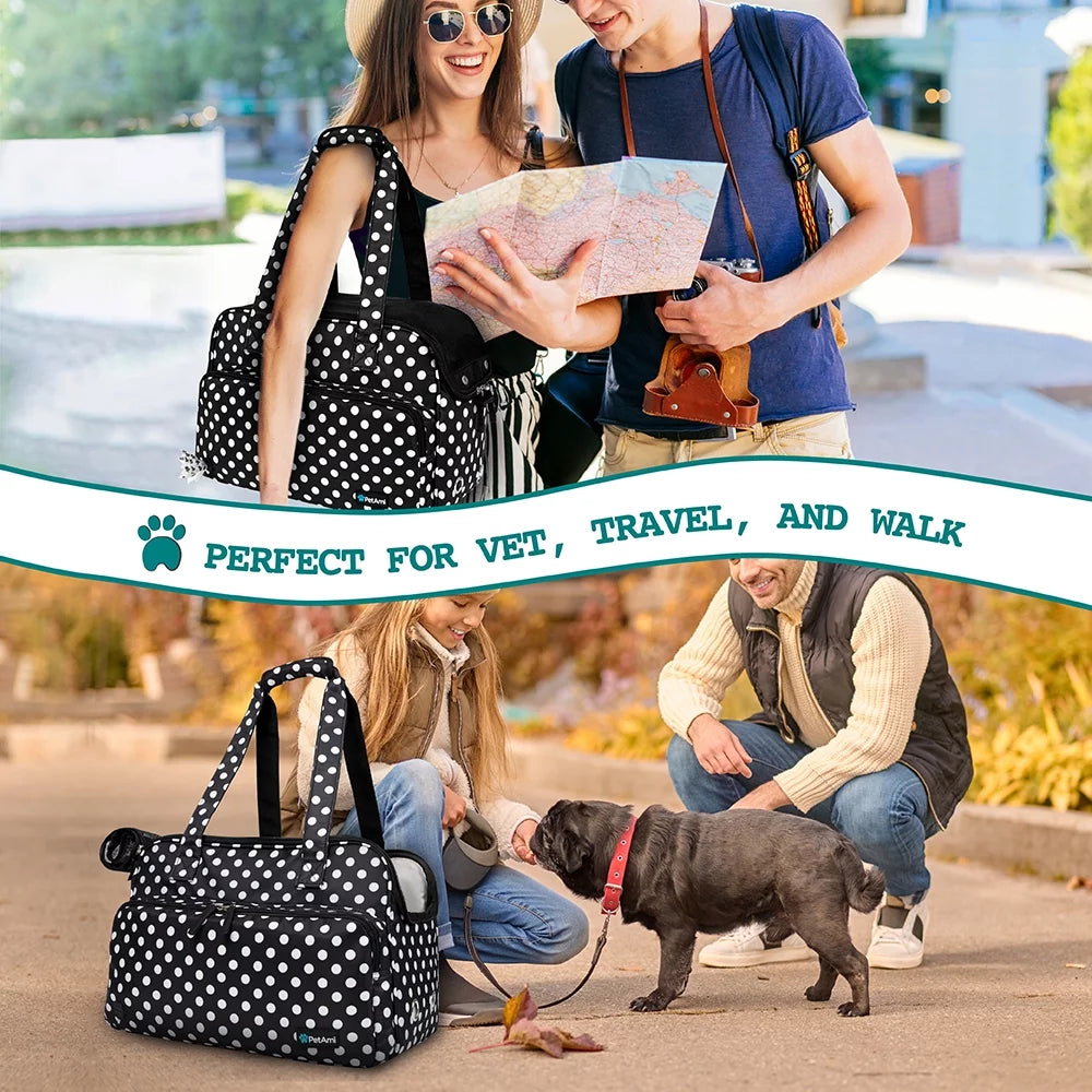 Soft-Sided Pet Carrier Bag for Small Dogs and Cats, Airline Approved with Breathable Mesh and Sherpa Bed, Portable Tote with Pockets, Polka Dot Black