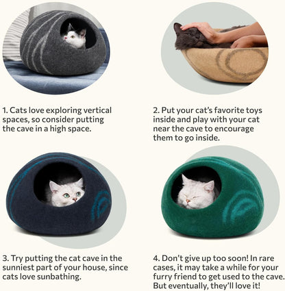Premium Handmade Merino Wool Cat Cave - Aquamarine Medium Felt Bed for Indoor Cats