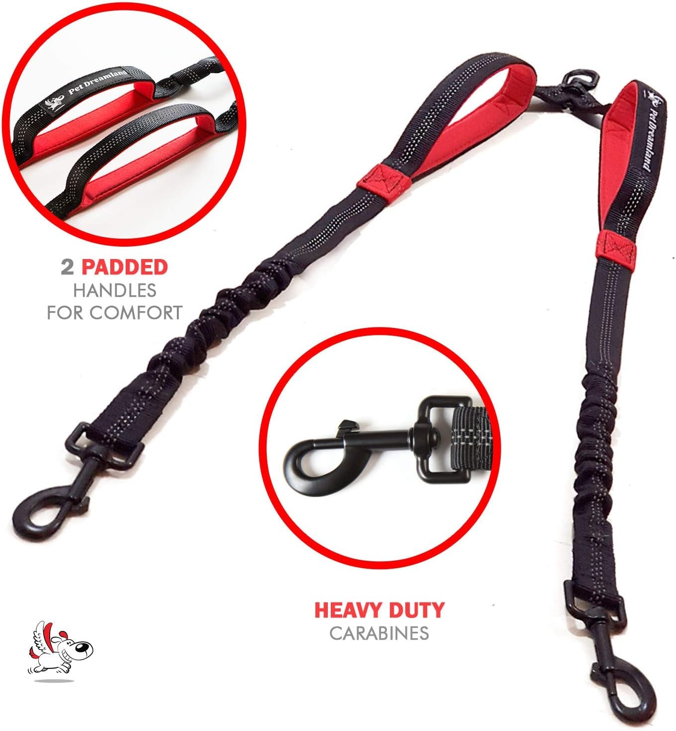 Premium Dual Dog Leash Coupler with No-Tangle Swivel for Walking Two Medium Dogs - Black & Red