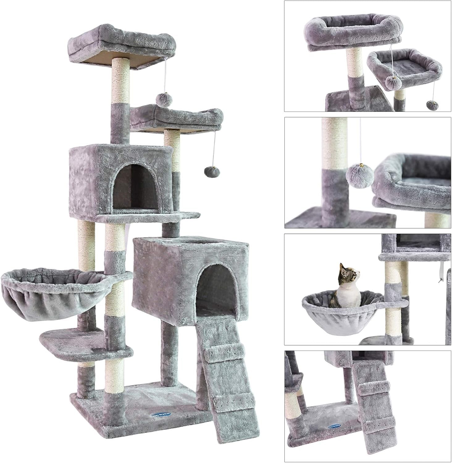 58-Inch Multi-Level Cat Tree with Sisal Scratching Posts, Two Plush Condos, and Hammock for Cats and Kittens - Light Gray MPJ013W
