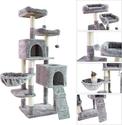 58-Inch Multi-Level Cat Tree with Sisal Scratching Posts, Two Plush Condos, and Hammock for Cats and Kittens - Light Gray MPJ013W