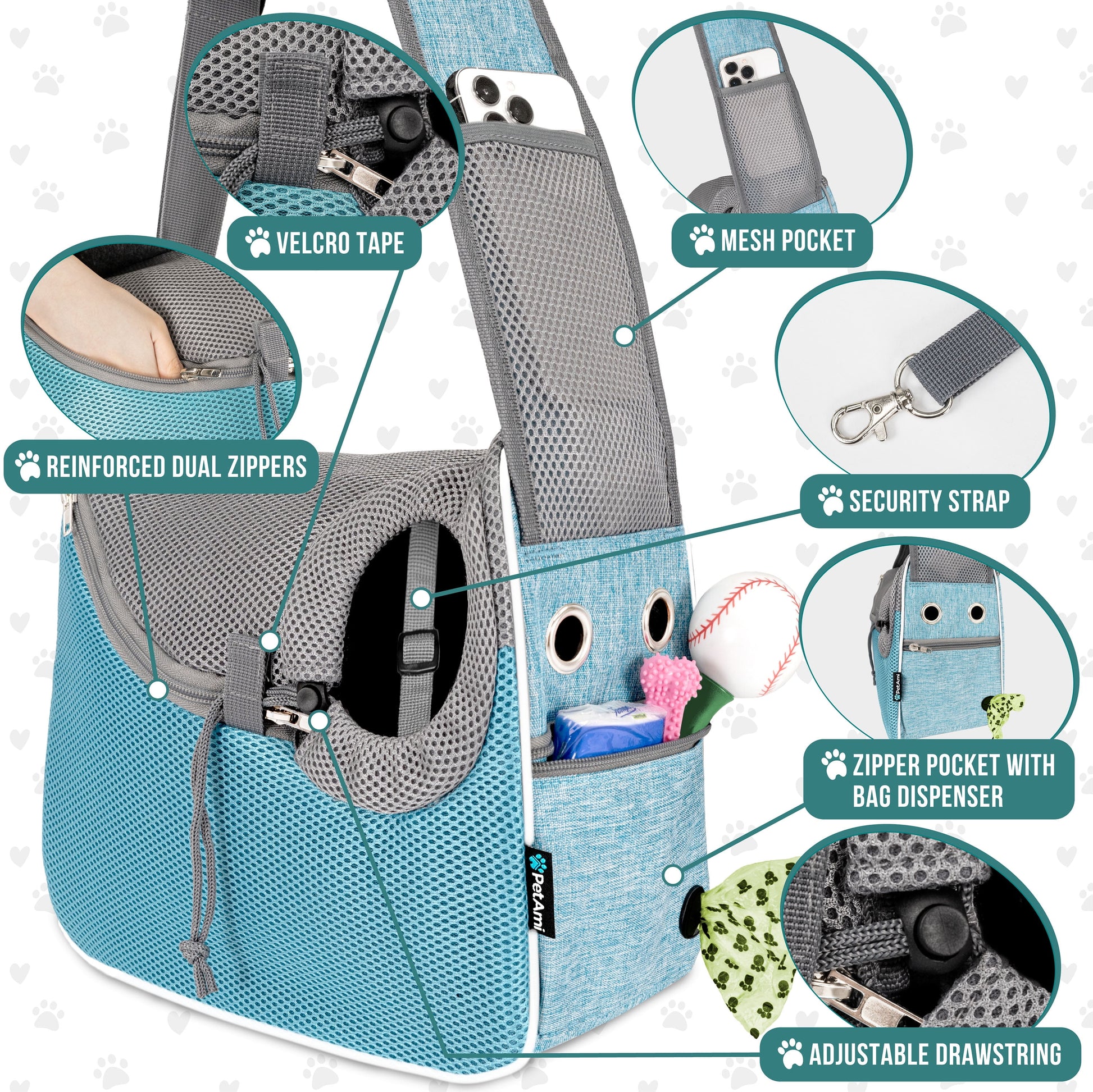 Adjustable Soft-Sided Dog Sling Carrier - Breathable Crossbody Pet Pouch with Poop Bag Dispenser for Small to Medium Dogs and Cats - Stylish Blue Travel Bag