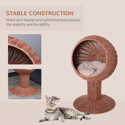 27-Inch Rattan Wicker Elevated Pet Bed with Hooded Cushion for Cats