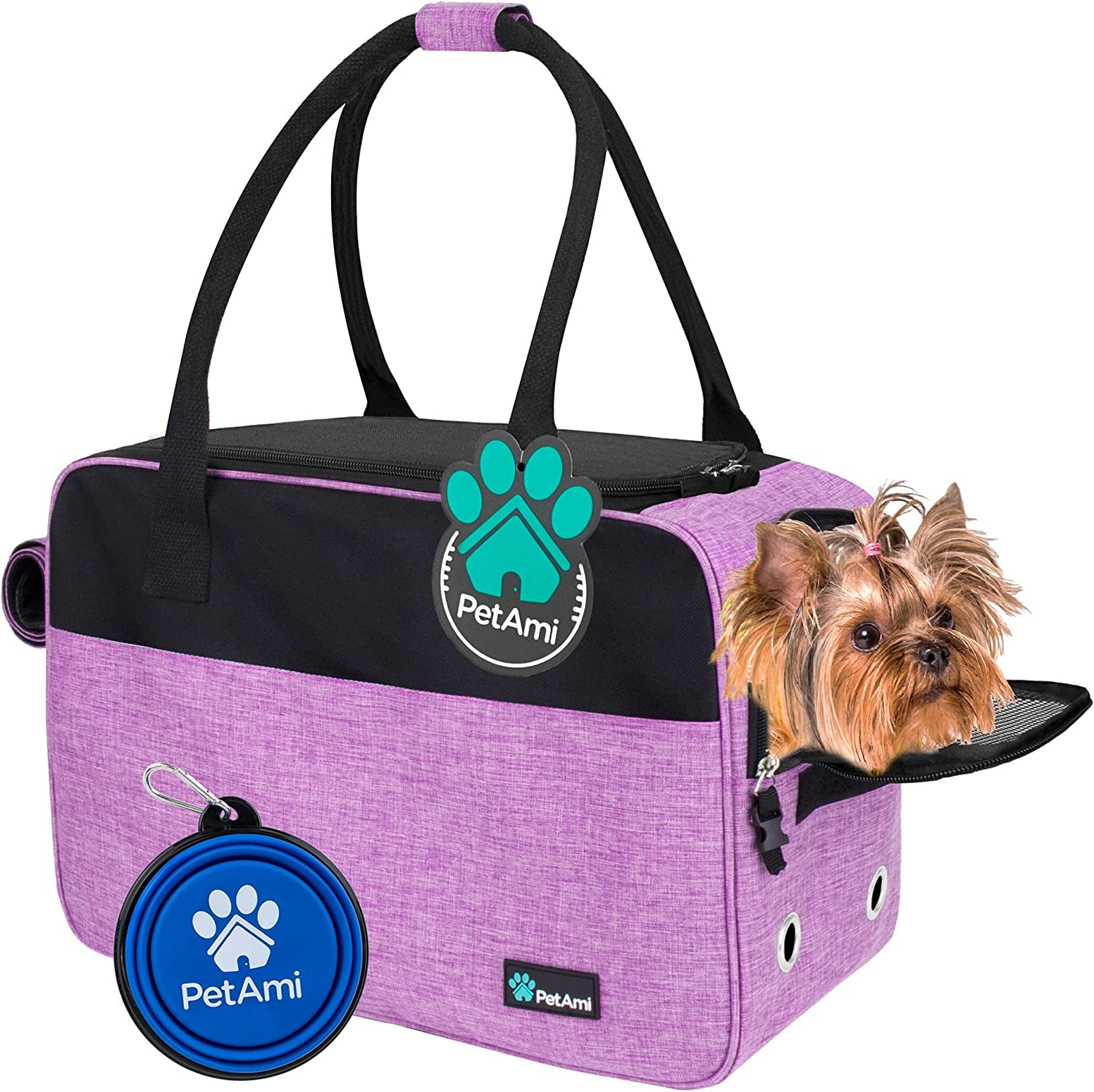 Premium Airline-Approved Soft-Sided Dog Purse Carrier for Small Pets up to 12 lbs - Ventilated Design with Pockets and Sherpa Bed, Purple
