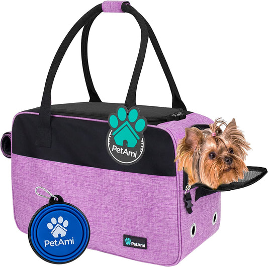 Premium Airline-Approved Soft-Sided Dog Purse Carrier for Small Pets up to 12 lbs - Ventilated Design with Pockets and Sherpa Bed, Purple