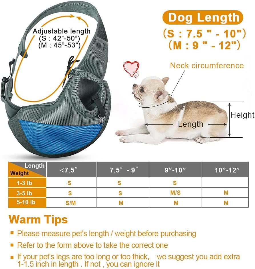 Adjustable Dog and Cat Sling Carrier with Padded Shoulder Strap and Mesh Pocket for Outdoor Travel (Medium - up to 10 lbs, Blue-Mesh)