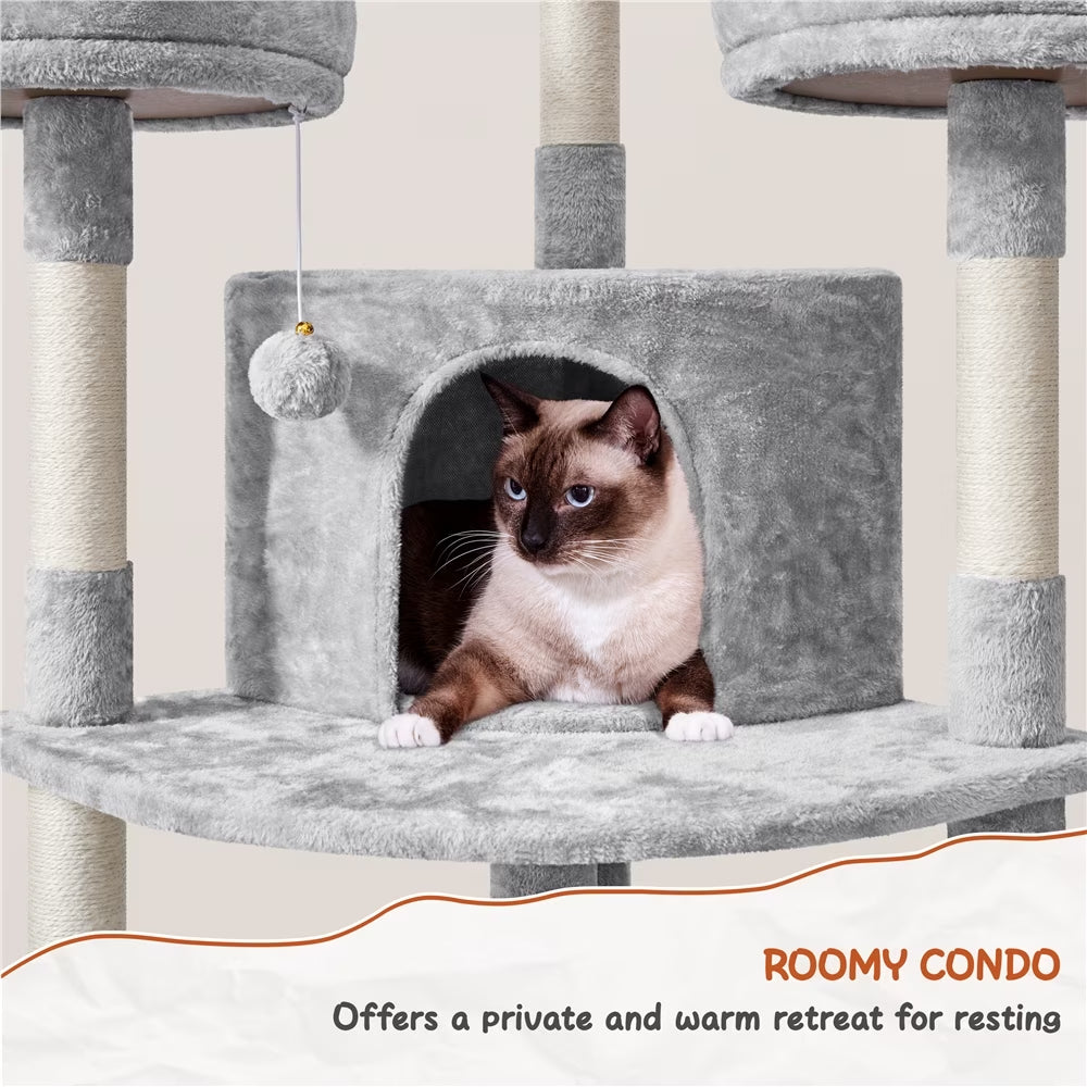 Spacious 76-Inch Light Gray Multilevel Cat Tree Tower with Cozy Condos and Perches