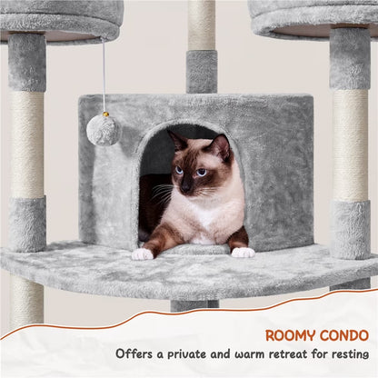 Spacious 76-Inch Light Gray Multilevel Cat Tree Tower with Cozy Condos and Perches