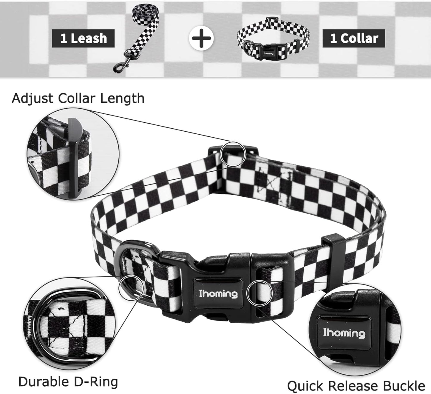 Puppy Collar and Leash Set for Daily Outdoor Activities, Chess Board Design for Extra Small Pets Up to 10 lbs