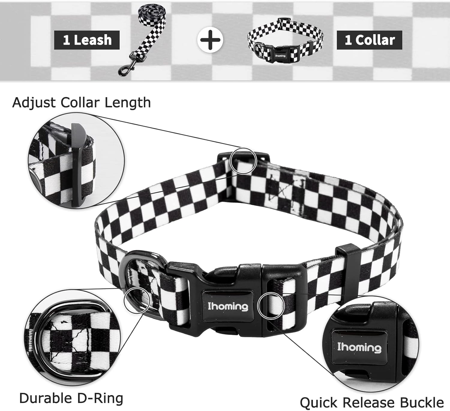 Puppy Collar and Leash Set for Daily Outdoor Activities, Chess Board Design for Extra Small Pets Up to 10 lbs