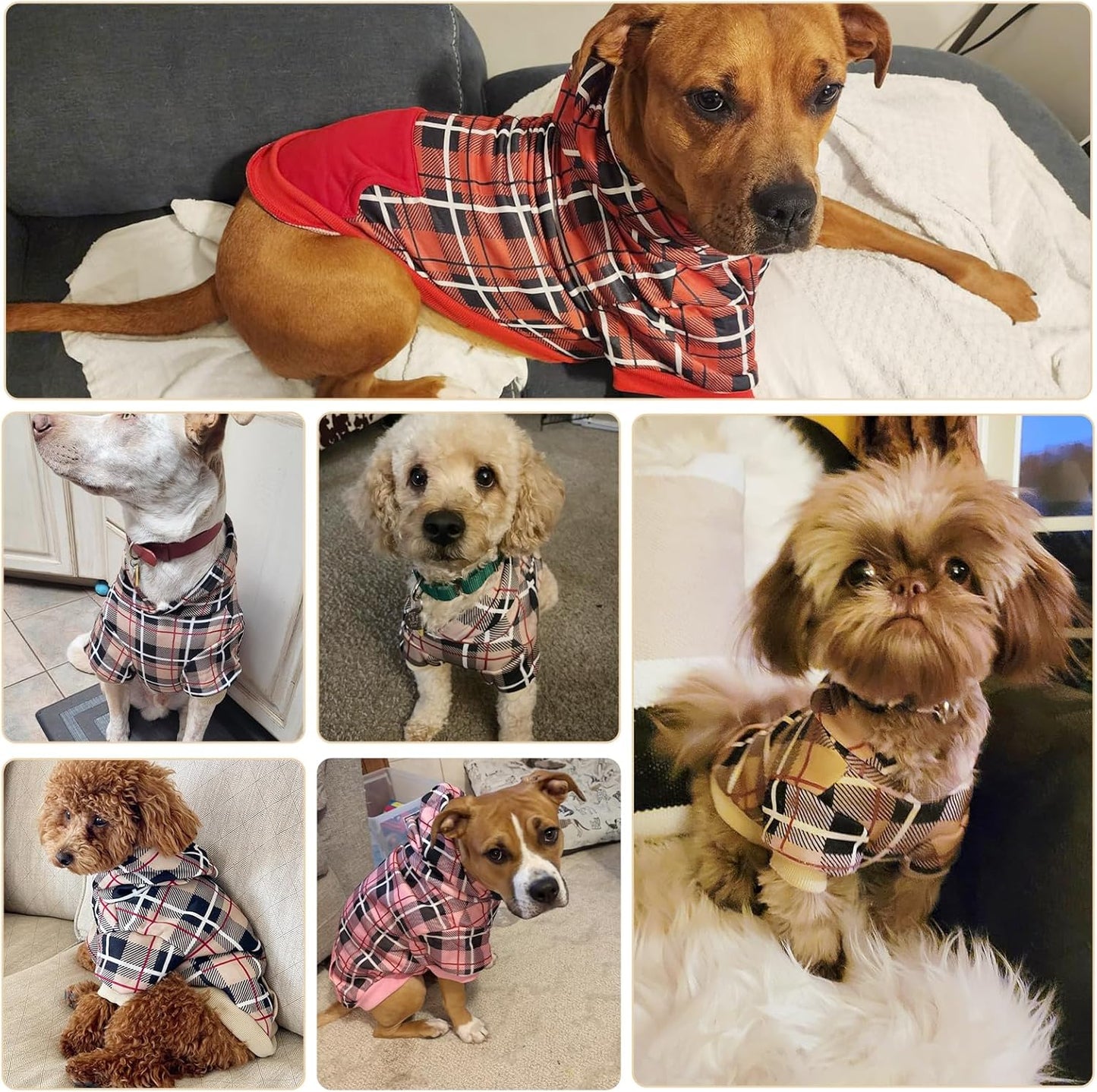 British Style Plaid Dog Hoodie - Warm Sweater with Leash Hole for All Breeds, Winter Coat Apparel for Puppies and Cats, Beige Medium