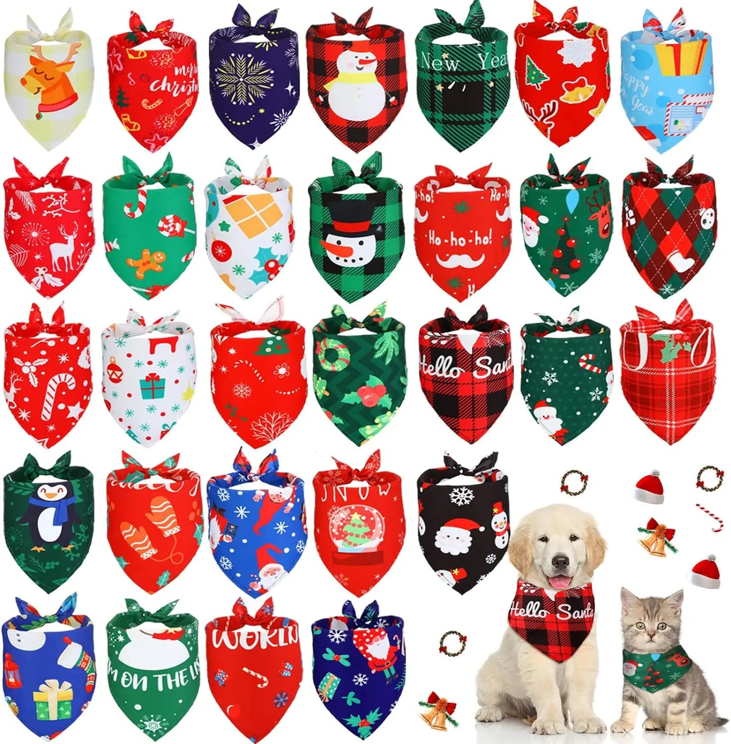 30-Piece Christmas Dog Bandana Set - Holiday Pet Costumes and Accessories for Dogs and Cats