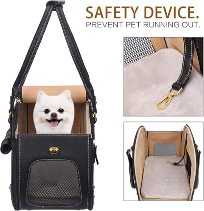 Premium PU Leather Dog Carrier Purse - Foldable Waterproof Pet Travel Bag for Cats and Small Dogs, Ideal for Home and Outdoor Use, Black