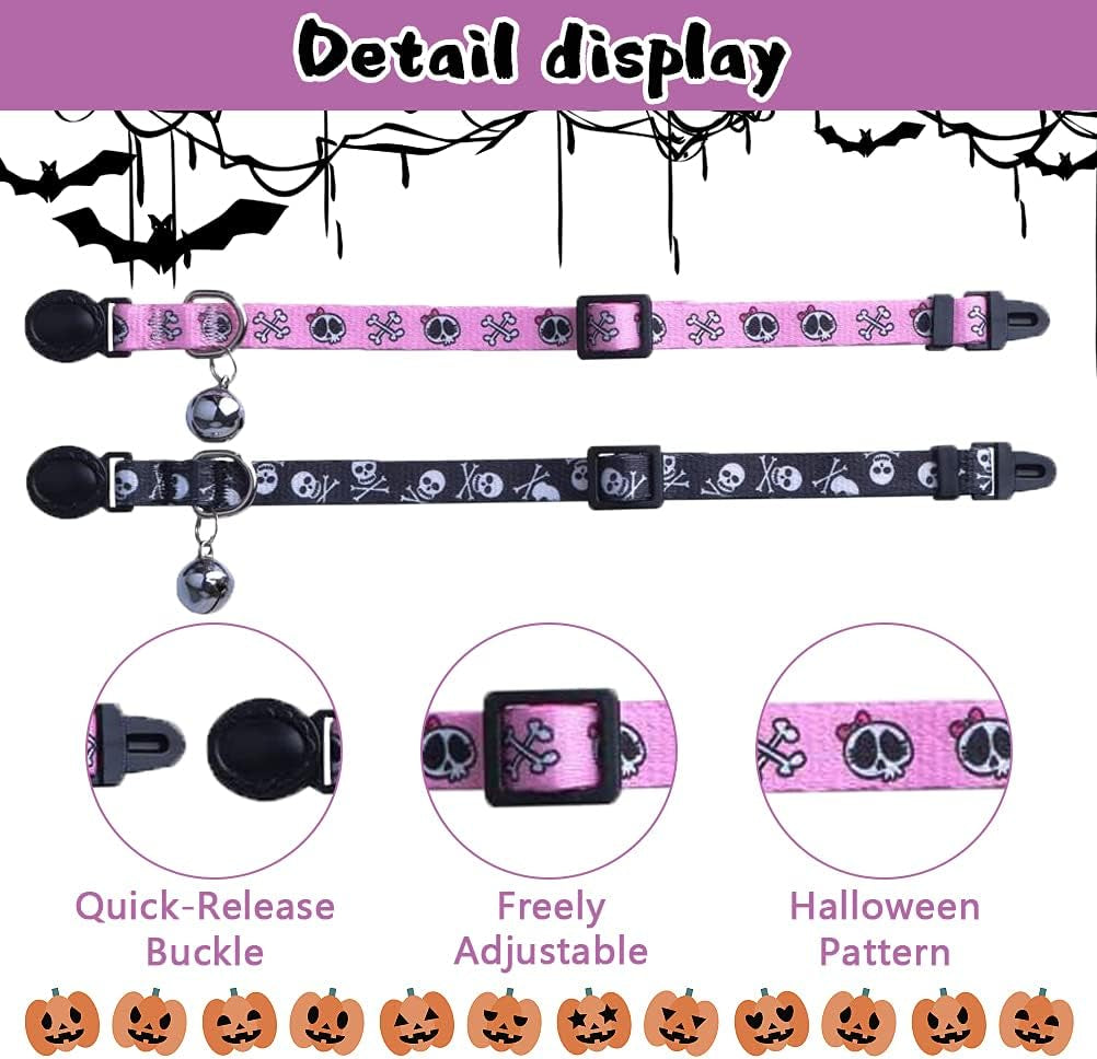 Adjustable Breakaway Cat Collars with Bell Charm - 2 Pack in Pink & Black Skull Pattern, Fits 7.8-11.8 Inches