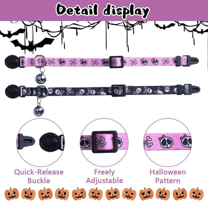 Adjustable Breakaway Cat Collars with Bell Charm - 2 Pack in Pink & Black Skull Pattern, Fits 7.8-11.8 Inches