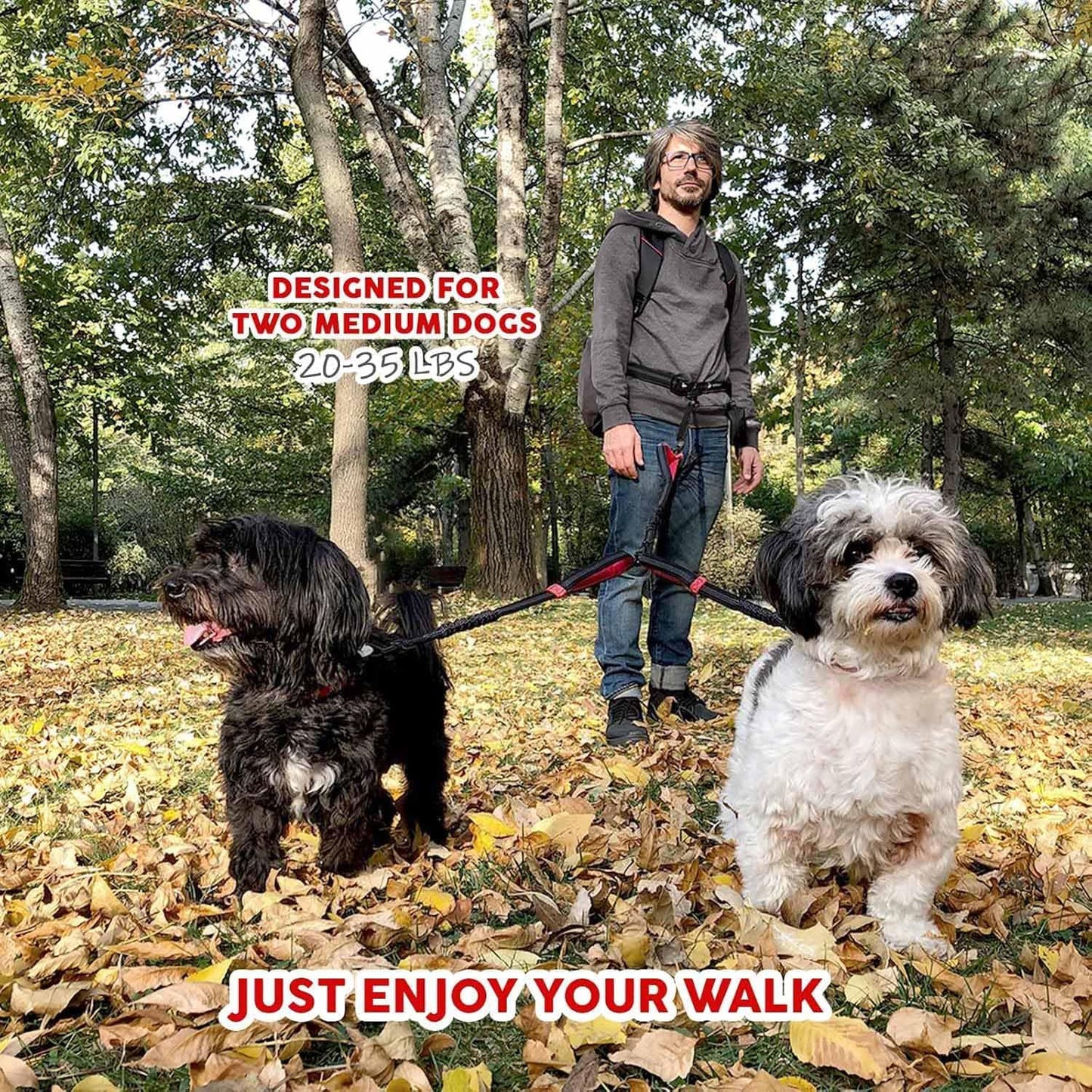 Premium Dual Dog Leash Coupler with No-Tangle Swivel for Walking Two Medium Dogs - Black & Red