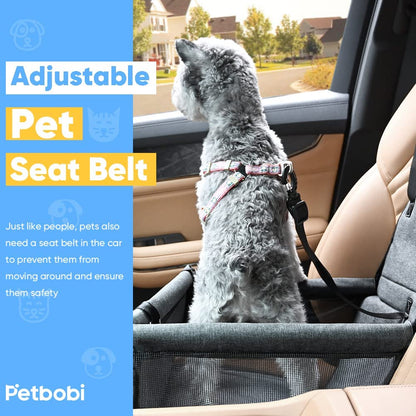 Pet Reinforced Car Booster Seat for Dogs - Portable and Breathable Safety Seat with Seat Belt and Clip-on Leash (Cationic Fabric Grey)