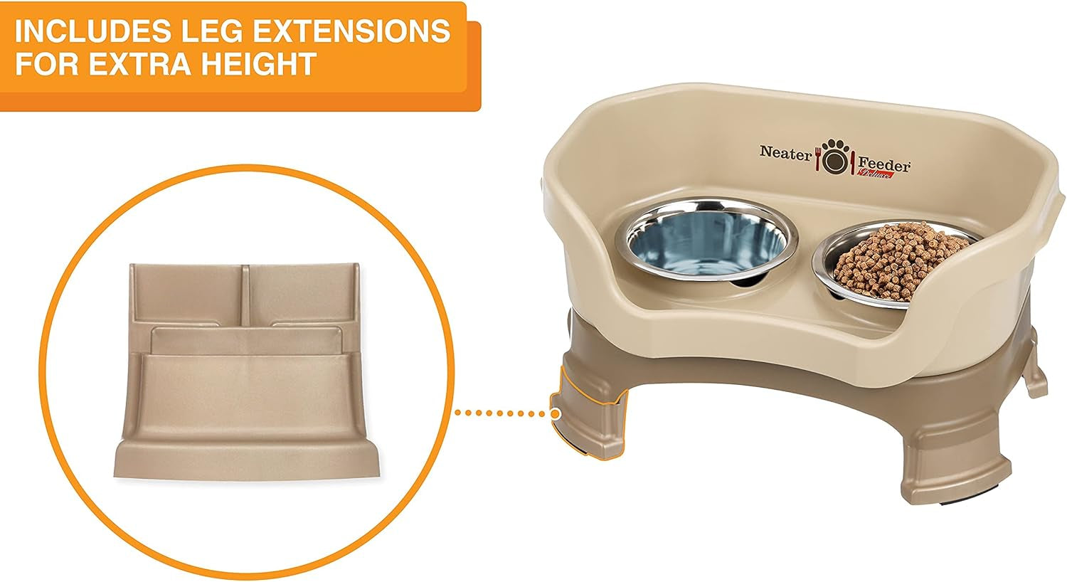 Neater Feeder Deluxe Mess-Proof Elevated Dog Bowls for Small Dogs (Up to 19 Lbs), 2 Height Adjustable (6” & 7.5”) No-Spill Raised Dog Bowl Stand, Stainless Steel Food Bowl Set, Made in USA, Cappuccino